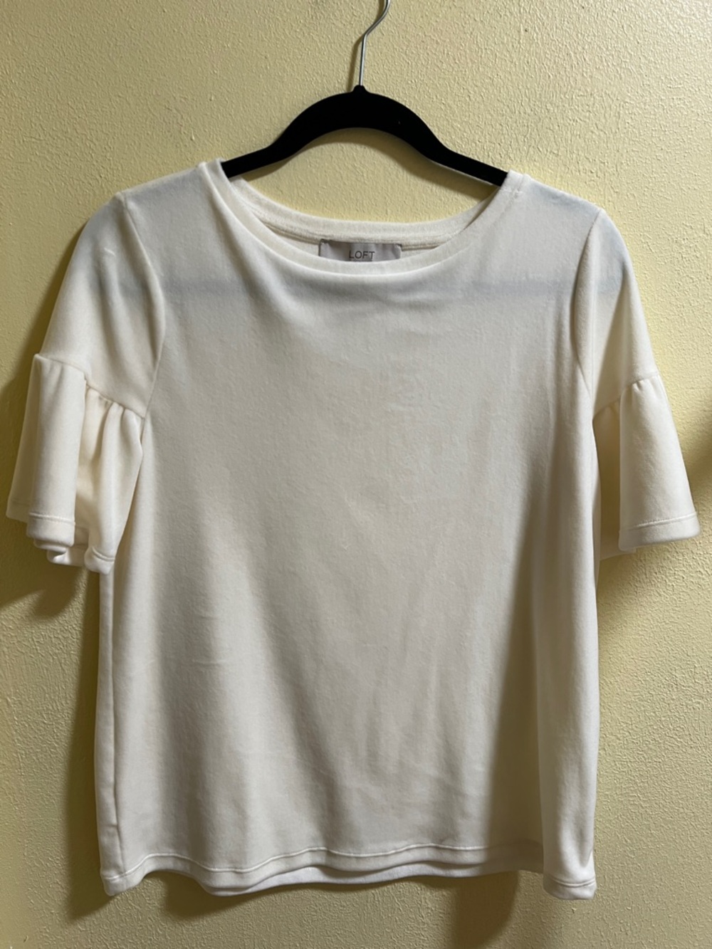 LOFT Cream Short Sleeve Velvet Ruffle Detail Top